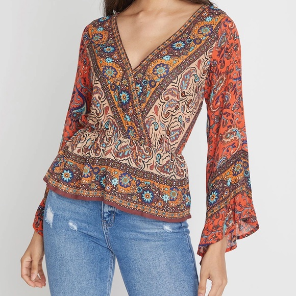 FREE PEOPLE ROSALIE WRAP BOHO TOP RUFFLED SLEEVES - Picture 3 of 9